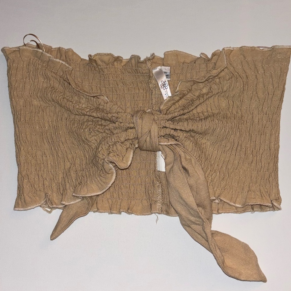 Tan Strapless Top with Bow Detail